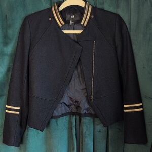 H&M Women's Dark Blue Bomber Jacket with Metallic Stripes